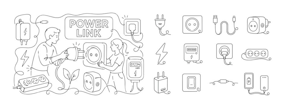 Electric Plug Socket. Clean one-line drawing banner composition showing oversized electric plug and large wall socket with 2 characters connecting power safely, scattered charger cable, smart plug,