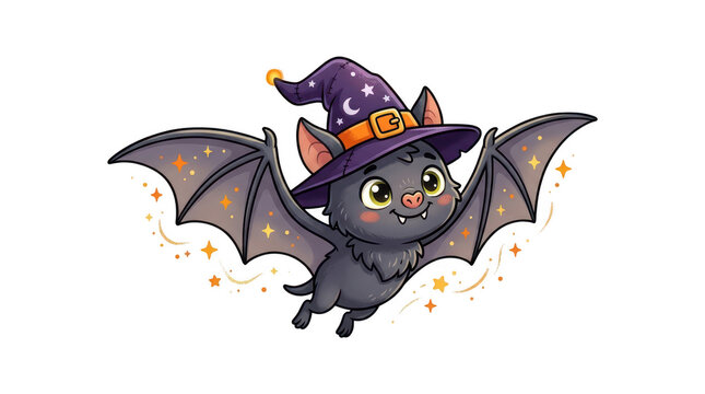 Cute cartoon bat wizard in a purple hat flying with magic stars, isolated on transparent background