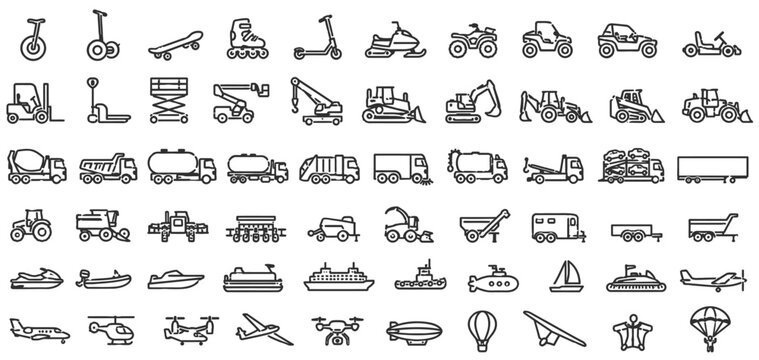 Special vehicle and heavy machinery transport icon set collection.
