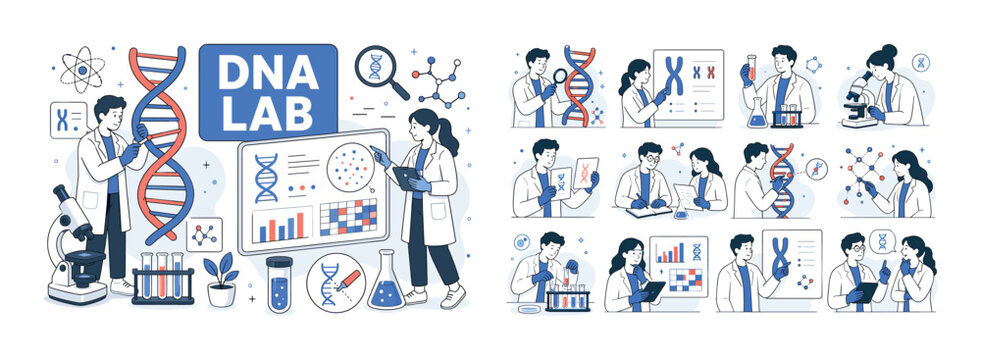 Genetic Science Research banner. Clean editorial banner scene with two geometric scientists studying an oversized DNA helix and a large lab experiment board, small chromosome card, test tube,