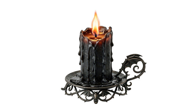 Gothic black candle with decorative bat stand and melting wax, isolated on transparent background