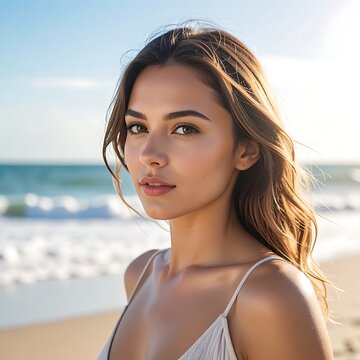 A young woman with long brown hair and a white tank top standing on a beach
