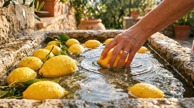Hand picking lemon from stone basin of floating fruit in sunlit outdoor courtyard garden setting