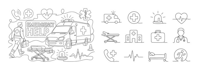 Obraz premium Emergency Ambulance Medical Service. Minimalistic one-line drawing banner with paramedic near ambulance, oversized ambulance vehicle and medical cross, small elements like siren, heart pulse,
