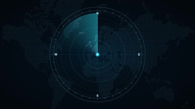 Blue radar sonar interface scanning with rotating sweep line over dotted world map background