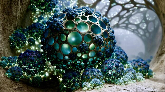 Exploring a strange and colorful abstract alien structure in a digital space filled with bubbles and glowing lights