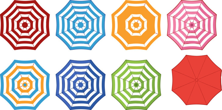 Beach umbrella top view collection featuring colorful summer parasol icons for sun protection on sandy shores and poolside leisure activities including vector patterns for ilustration.