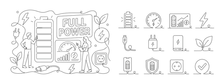 Full Battery Energy. Clean one-line drawing banner composition showing oversized full battery sign and large energy dashboard with 2 characters checking power status, scattered charging cable,