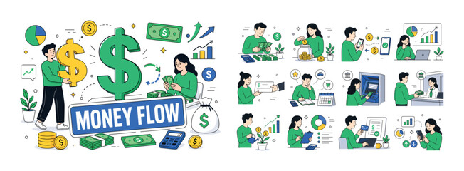 Fototapeta premium Dollar Money Finance banner. One character holding oversized dollar symbol, another counting cash, large dollar sign dominates scene, small coins bills and arrows filling edges, bold uppercase text