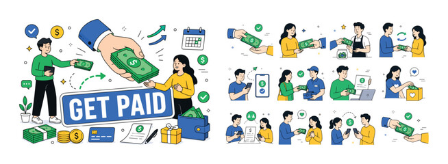 Naklejka premium Hand Holding Money banner. One character receiving money from oversized hand holding dollar, another giving payment, large hand with money dominates scene, small coins arrows and symbols filling