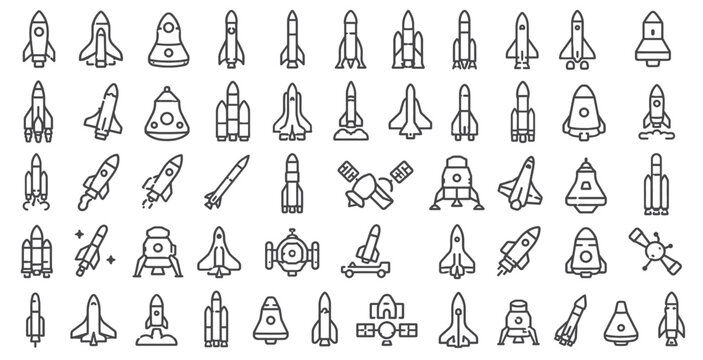 Rocket and Spacecraft Outline Icons Set Collection for Space Exploration and Science Design.