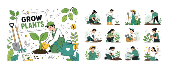 Fototapeta premium Gardening Plant Care. Clean editorial banner with one main gardening scene: a geometric gardener planting an oversized sprout beside a large watering can, with shovel, rake, seed packet, leaf, dots,