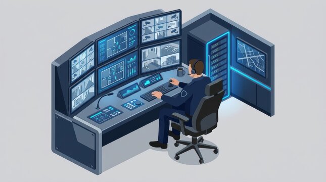 A security guard observes multiple screens showing different surveillance feeds in a control room. The guard is focused and alert.