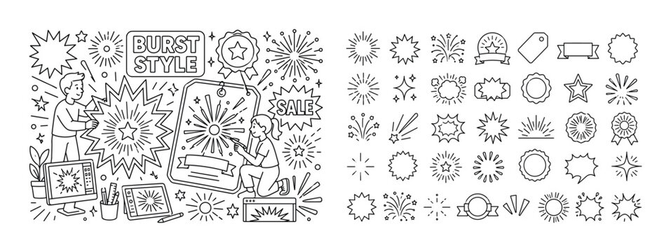 Sunburst Graphic Emblems. Clean outline line art banner of sunburst graphic emblems: two designers arranging an oversized starburst emblem and a giant firework logo tag spread across the full canvas,