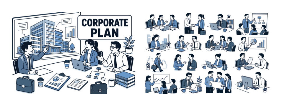 Corporate Business Office banner, clean focused full-canvas scene of three expressive corporate workers planning together around one oversized office building board stretching to top and left edges,