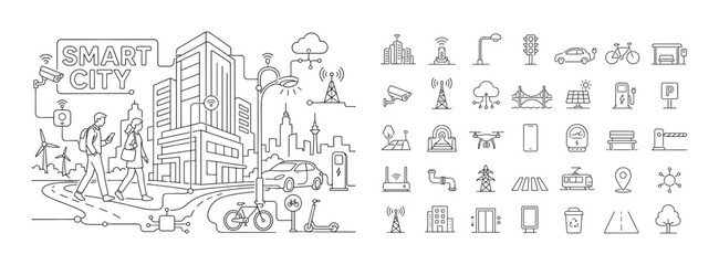 Obraz premium Smart City Infrastructure. Clean one-line drawing banner composition showing two pedestrians near an oversized smart building and connected streetlight, city skyline and mobility path extending to