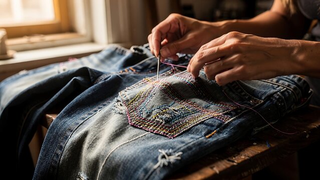 Skilled hands repairing distressed denim jeans with colorful stitching. Sustainable fashion, textile restoration and handmade craftsmanship concept.