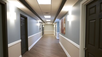 Fototapeta premium A bright and minimalist interior hallway featuring neutral walls and dark trim