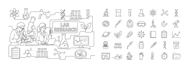 Naklejka premium Science Laboratory Research. Clean one-line drawing banner composition showing two researchers beside an oversized microscope and beaker, lab bench and molecular path reaching all four edges with