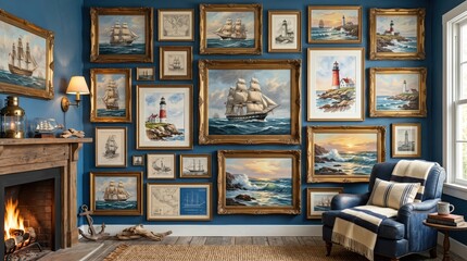 Naklejka premium Wall of framed maritime paintings hung above fireplace with armchair rug and nautical decor in cozy living room interior