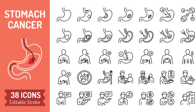 Stomach cancer line icons set for oncology. Gastroenterology, symptoms, medical diagnosis, treatment, and prevention collection. Professional medical outline icon set with editable stroke vector.