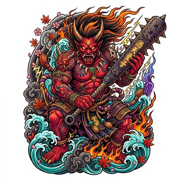 Wrath of the Red Oni Japanese Shuten Doji Tattoo Design Full Color Illustration