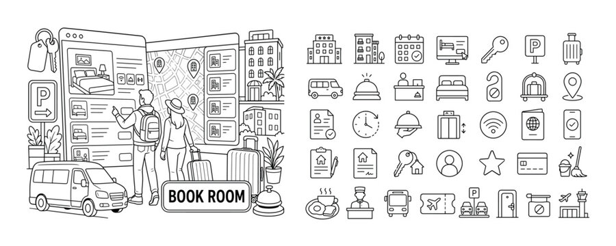Hotel Apartment Booking. Clean outline line art banner of hotel and apartment booking: two travelers checking an oversized hotel reservation screen and a giant apartment rental map spread across the