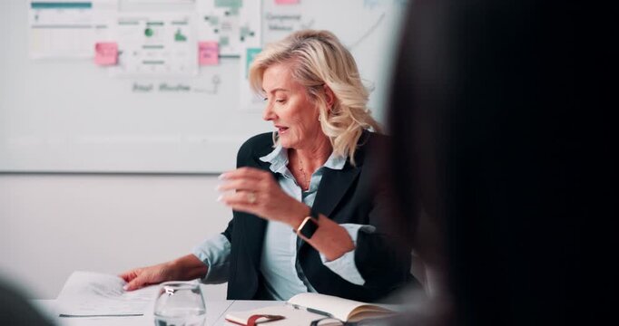 Documents, discussion and business people with candidate in office for recruitment process. Meeting, onboarding and applicant with HR panel for paperwork with job offer, partnership and hiring