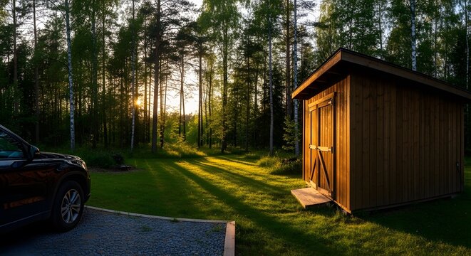 Small wooden storage shed in a pine forest at sunset with car parked nearby