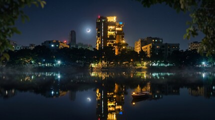 Fototapeta premium Modern apartment buildings glow under a crescent moon and starry night sky as their vibrant golden lights reflect perfectly across the calm dark water of a serene urban city lake.