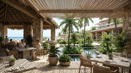 Fototapeta premium Tropical resort hotel with lush garden, palm trees, outdoor patio furniture, poolside area and seaside vacation atmosphere