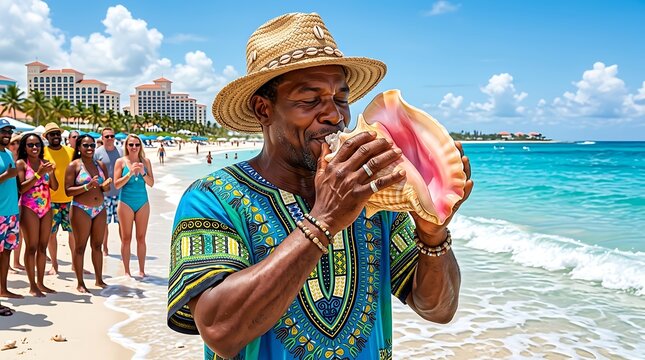 Man in dashiki blowing conch shell horn at Caribbean beach resort