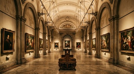 Fototapeta premium Art gallery corridor displaying framed paintings along marble floor with vaulted arched ceiling and wooden benches