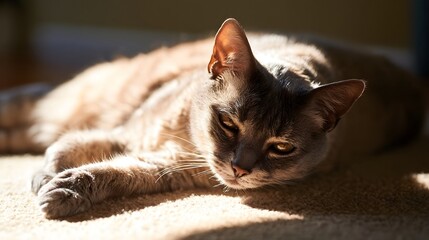 Fototapeta premium A beautiful domestic cat is resting peacefully in warm sunlight showcasing soft fur and a serene mood