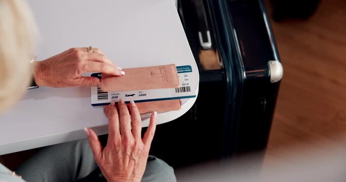 Business, review or hands at airport with boarding pass, time confirmation or passport for corporate travel. Above, booking check or woman with slip, employee permit or schedule inspection for flight