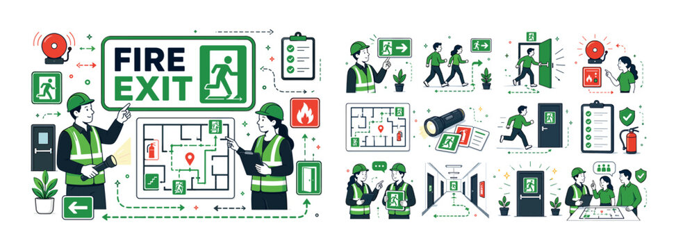 Fire Exit Banner. Emergency fire exit sign, evacuation route, escape door and safety signage banner with two geometric safety workers beside an oversized exit door sign and large evacuation map, route