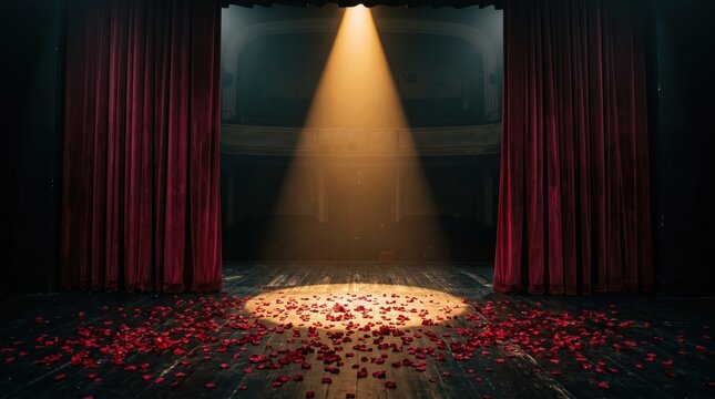 Stage area with closed red curtains and single overhead spotlight illuminating scattered red rose petals on wooden theatre floor inside auditorium