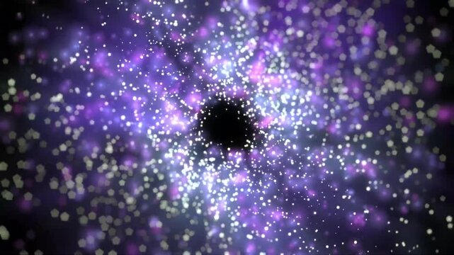 Purple abstract particle tunnel zoom out with glowing bokeh star elements cinematic fantasy background