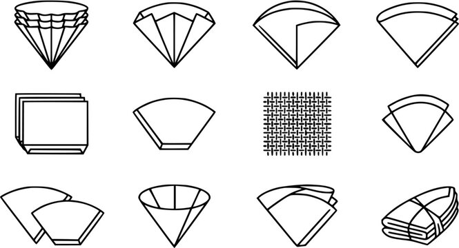 Coffee Filters Vector Line Art Icons Set for Brewing and Beverages. Collection of Diverse Coffee Filter Shapes and Styles in Outline Glyph Design.