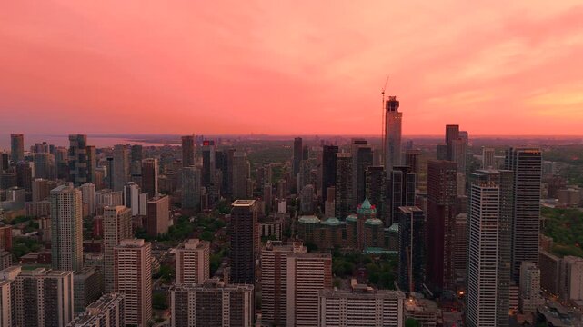 Toronto Bloor Sherbourne Skyline Fiery Sunset Spring Aerial Drone 4K