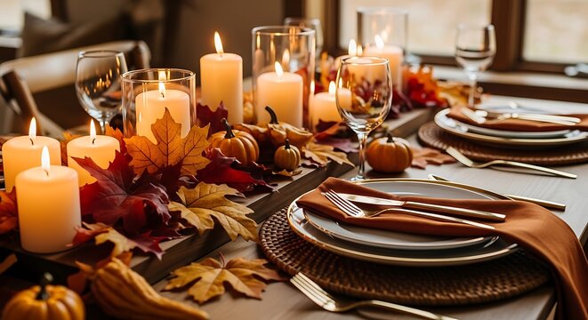 Autumn Thanksgiving dinner table, fall leaves, candles, elegant table setting, harvest theme