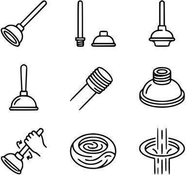 Plumbing and Home Maintenance Plunger Line Art Icons Set for Drain Cleaning, Clogs, and Bathroom Tools in Outline Style