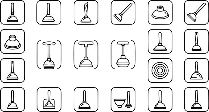 Plumbing Plunger Line Art Icons Set. Collection of Outline Glyphs for Household Maintenance and Clogged Drains.