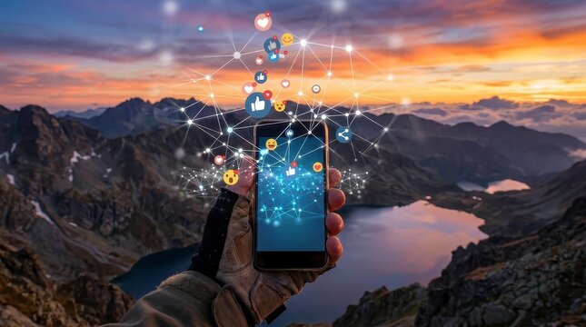 Social media network on phone in scenic mountains