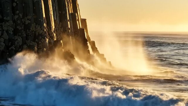 Powerful ocean waves crash against unique columnar basalt formations creating an impressive natural spectacle during golden hour