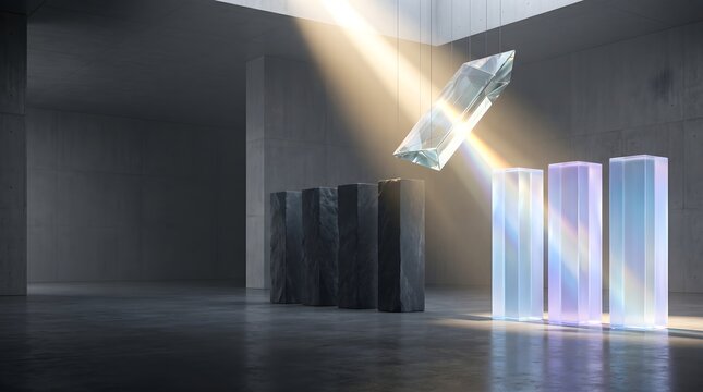 Cognitive Reframing 3D Conceptual Art - Prismatic Light Transforming Dark Monoliths to Glowing Crystals