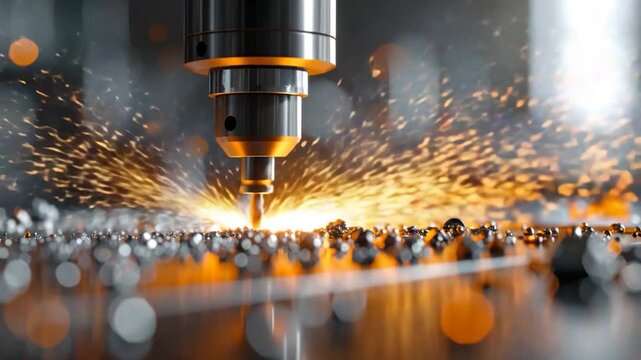 A close-up of a metal milling machine with sparks flying