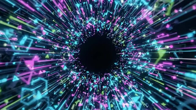 Neon abstract geometric shapes bursting from dark void