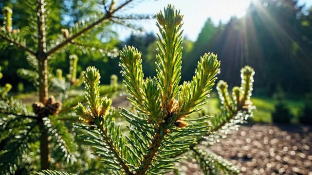 Sunlit close-up of lush green spruce tree branches with emerging buds and small pinecones in a forest landscape