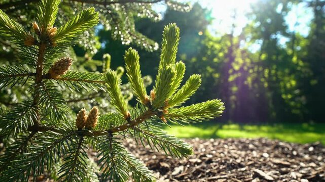 Close-up of vibrant spruce tree branches with emerging new growth bathed in sunlight, a nature landscape.